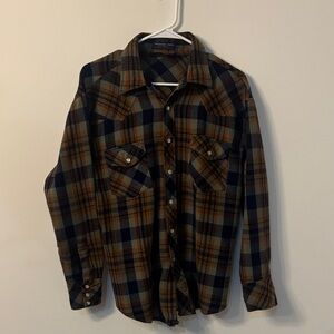 Vintage Plaid Button-Up Shirt in Navy, Olive & Brown